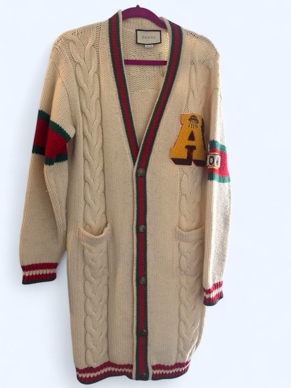 Gucci Cream Cable Knit Long Cardigan with Red & Green Trim and Yellow Patch